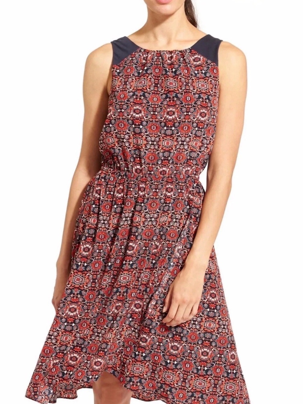 Athleta Martinique Printed Midi Red Navy Dress Small Tassel Tie Travel Resort